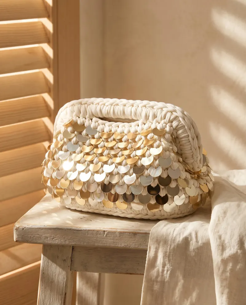 Clutch bianca all'uncinetto con grandi paillettes dorate su uno sgabello di legno